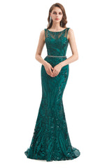 Mermaid Pattern Sleeveless Lace Prom Dresses with Belt