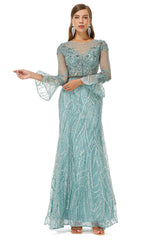 Mermaid Tulle Beading Long Sleeve Prom Dresses