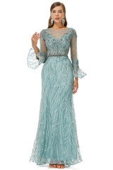 Mermaid Tulle Beading Long Sleeve Prom Dresses