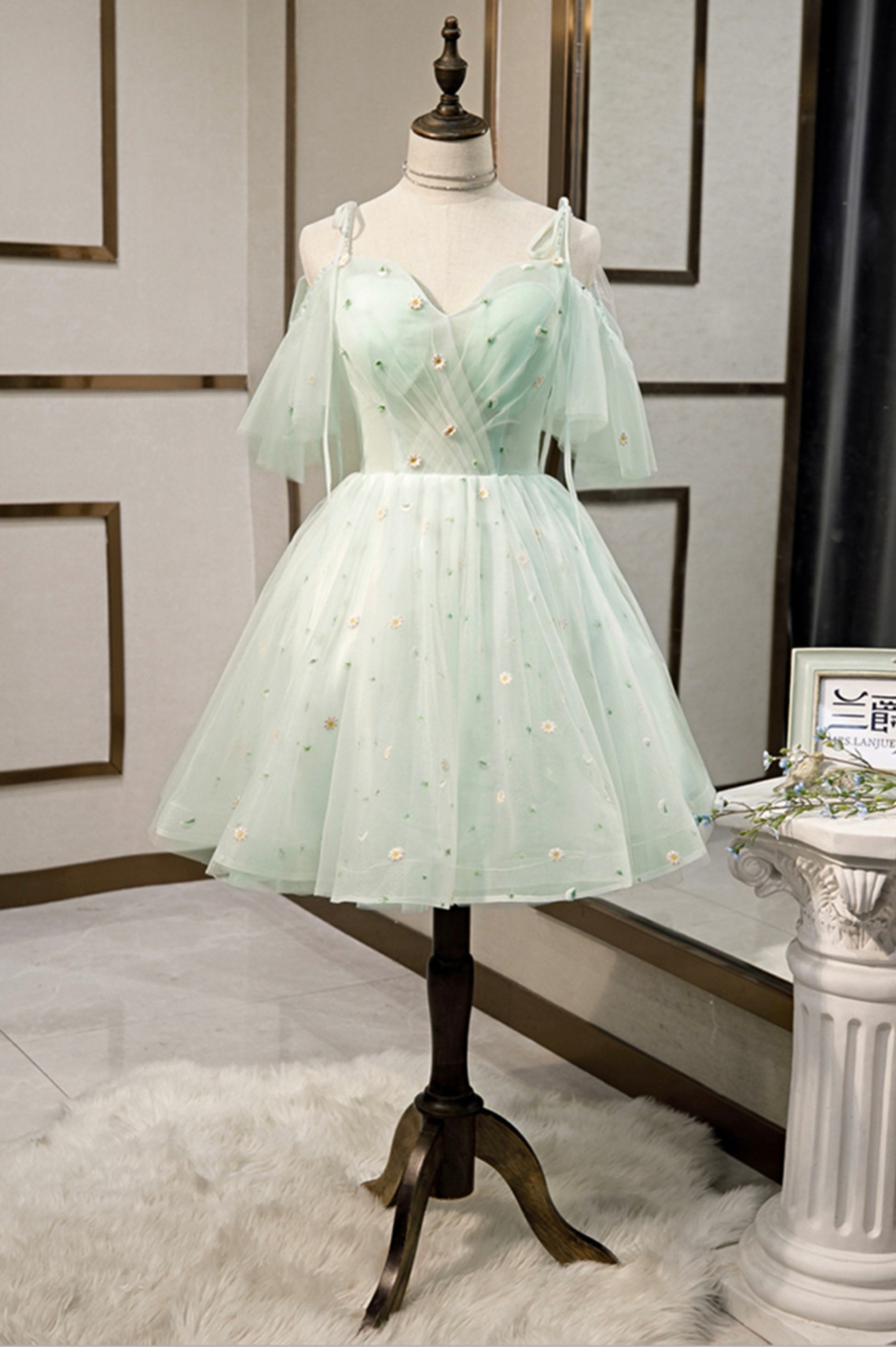 Mint Green Tulle Lace Short Homecoming Dress, A-Line Mini Party Dress