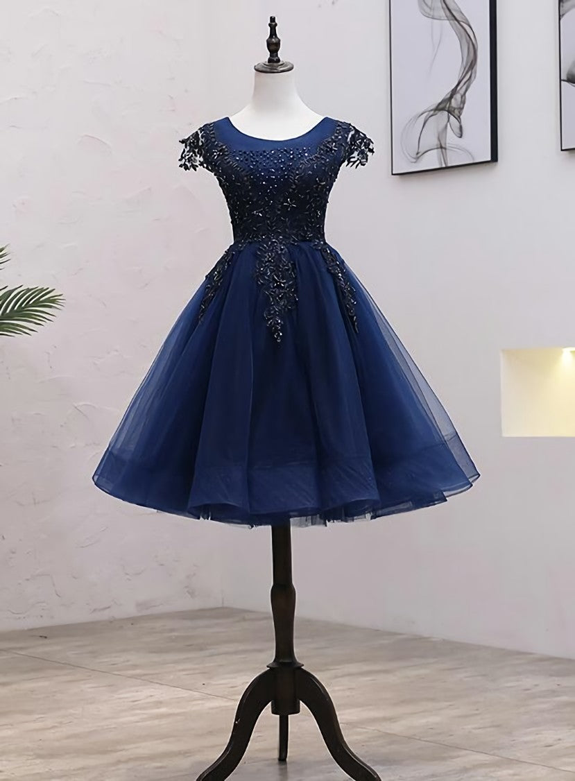 Navy Blue Tulle Beaded Knee Length Cap Sleeves Prom Dress, Blue Homecoming Dress