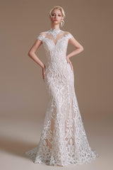 Lace Beading around Neck Wedding Dresses