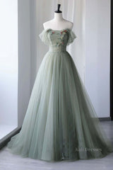 Off Shoulder Green Tulle Floral Long Prom Dresses, Off the Shoulder Green Formal Evening Dresses with 3D Flowers