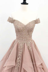 Off the Shoulder Champagne Lace Prom Dresses, Off Shoulder Champagne Lace Formal Evening Dresses