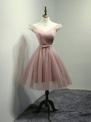 Off the Shoulder Short Pink Tulle Prom Dresses, Short Pink Formal Bridesmaid Dresses