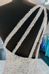 One Shoulder Mermaid Sequins Ivory Long Prom Dress, Open Back Formal Dress,Sequins Sexy Evening Dresses