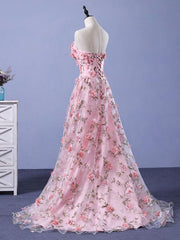 Pink 3D Flower Long Prom Dresses, 3D Floral Pink Long Formal Evening Dresses