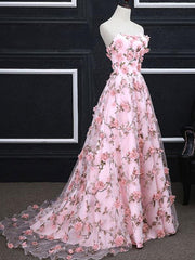 Pink 3D Flower Long Prom Dresses, 3D Floral Pink Long Formal Evening Dresses