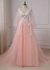 Pink Lace Applique V-neckline Long Prom Dress, Long Sleeves Fashionable Evening Gown