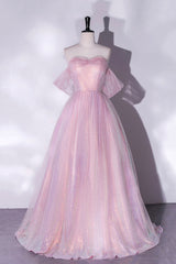 Pink Sequins Long A-Line Prom Dress, Off the Shoulder Evening Party Dress