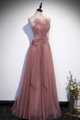 Pink Shiny Tulle Long A-Line Prom Dress, Lovely Strapless Evening Dress