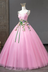 Pink Straps Tulle Sweetheart Ball Gown with Flowers, Pink Formal Dress Prom Dress