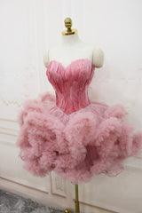 Pink Sweetheart Neck Tulle Party Dress, A Line Short Prom Dress with Feather