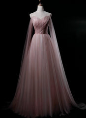 Pink Sweetheart Tulle Long Elegant Evening Dress, Pink Prom Dress