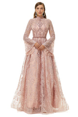 Pink Tulle Appliques High Neck Long Sleeve Beading Prom Dresses