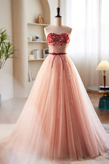 Pink Tulle Beaded Long Prom Dress, A-Line Off Shoulder Evening Party Dress