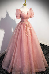 Pink Tulle Floor Length Prom Dress, Cute Short Sleeve Evening Dress