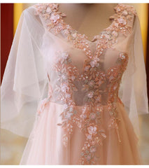 Pink Tulle Floral Applique Prom Dresses, Puff Sleeves Long Formal Dress