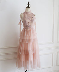 Pink Tulle Lace Prom Dress, Tulle Lace Homecoming Dress