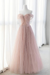 Pink Tulle Long A-Line Prom Dresses, Pink Evening Dresses with Bow