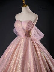 Pink Tulle Sequins Long Prom Dress, Pink Tulle Long Formal Evening Gowns