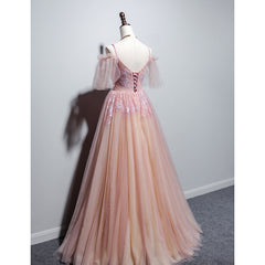 Pink Tulle V-neckline Floral Long Prom Dress, Pink Straps Party Dress