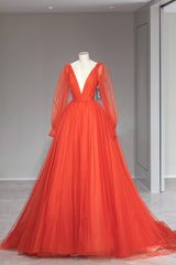 Plunging V-Neck Tulle Floor Length Formal Dress, Orange Long Sleeve Prom Dress