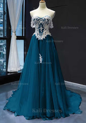 Princess Off The Shoulder Sweep Train Tulle Satin Prom Dress With Appliqued