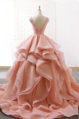 Puffy Tulle Long Prom Dress with Beading, A Line Sleeveless Party Gown