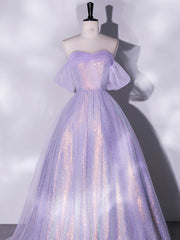 Purple A-Line Tulle Sequin Long Prom Dress, Purple Sequin Long Formal Dress