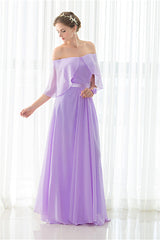 Purple Chiffon Off The Shoulder Long Bridesmaid Dresses