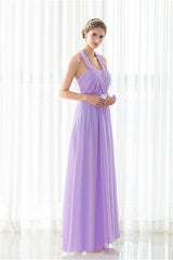 Purple Halter Chiffon Backless Pleats Long Bridesmaid Dresses