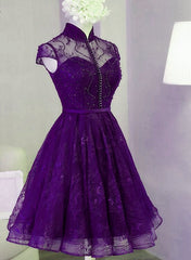 Purple Lace Knee Length Homecoming Dress, Purple Lace Short Prom Dress