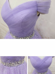 Purple Off Shoulder Tulle Sequin Prom Dress Purple Puffy Homecoming Dress