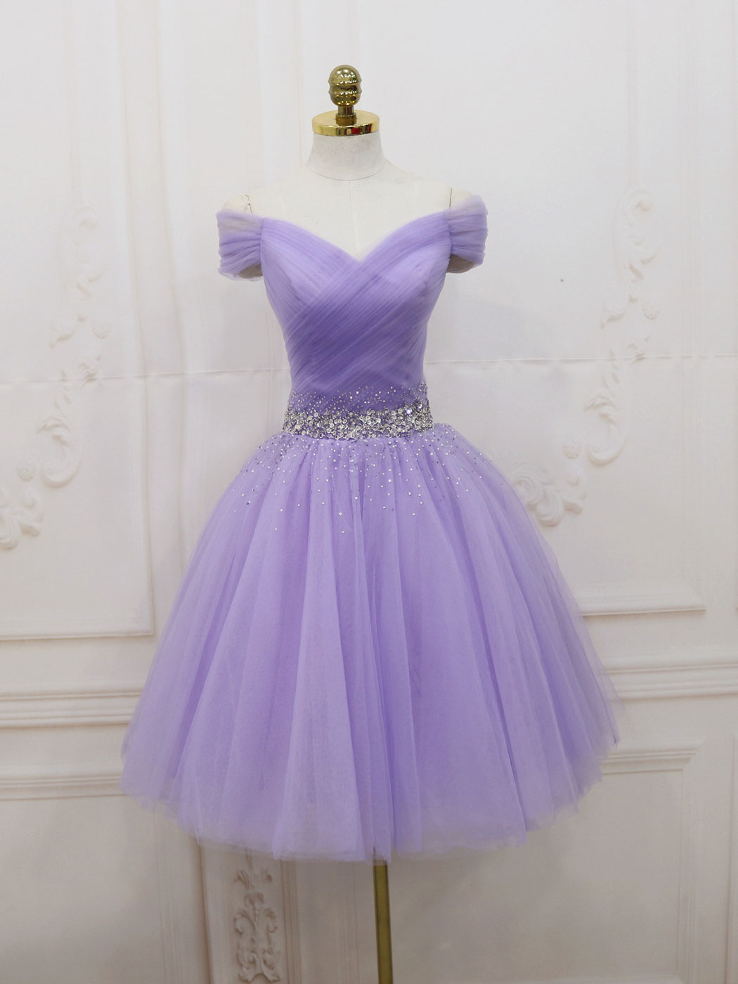 Purple Off Shoulder Tulle Sequin Prom Dress Purple Puffy Homecoming Dress