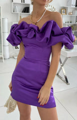 Purple Off the Shoulder Bodycon Homecoming Dresses Satin Maxi Cocktail Dress