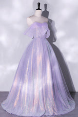 Purple Sequins Long A-Line Prom Dress, Off the Shoulder Evening Party Dress