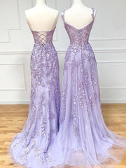 Purple Sweetheart Neck Lace Long Prom Dresses, Purple Lace Graduation Dress