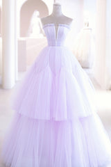 Purple Tulle Long A-Line Prom Dress, A-Line Strapless Evening Gown