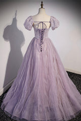 Purple Tulle Long A-Line Prom Dress, Purple Short Sleeve Evening Party Dress