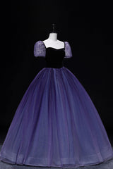 Purple Tulle Long A-Line Prom Dress, Purple Short Sleeve Princess Dress