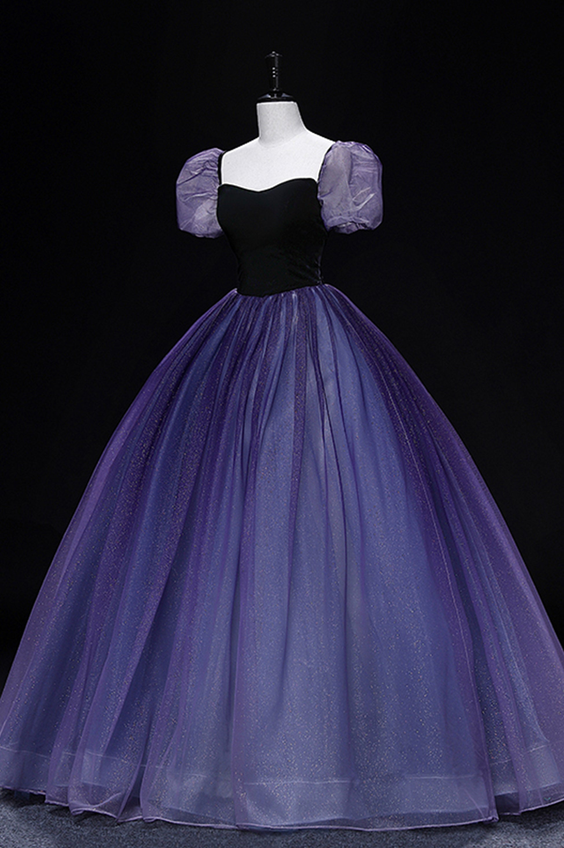 Purple Tulle Long A-Line Prom Dress, Purple Short Sleeve Princess Dress