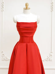 Red A-Line Satin Long Prom Dress, Red Long Formal Dress