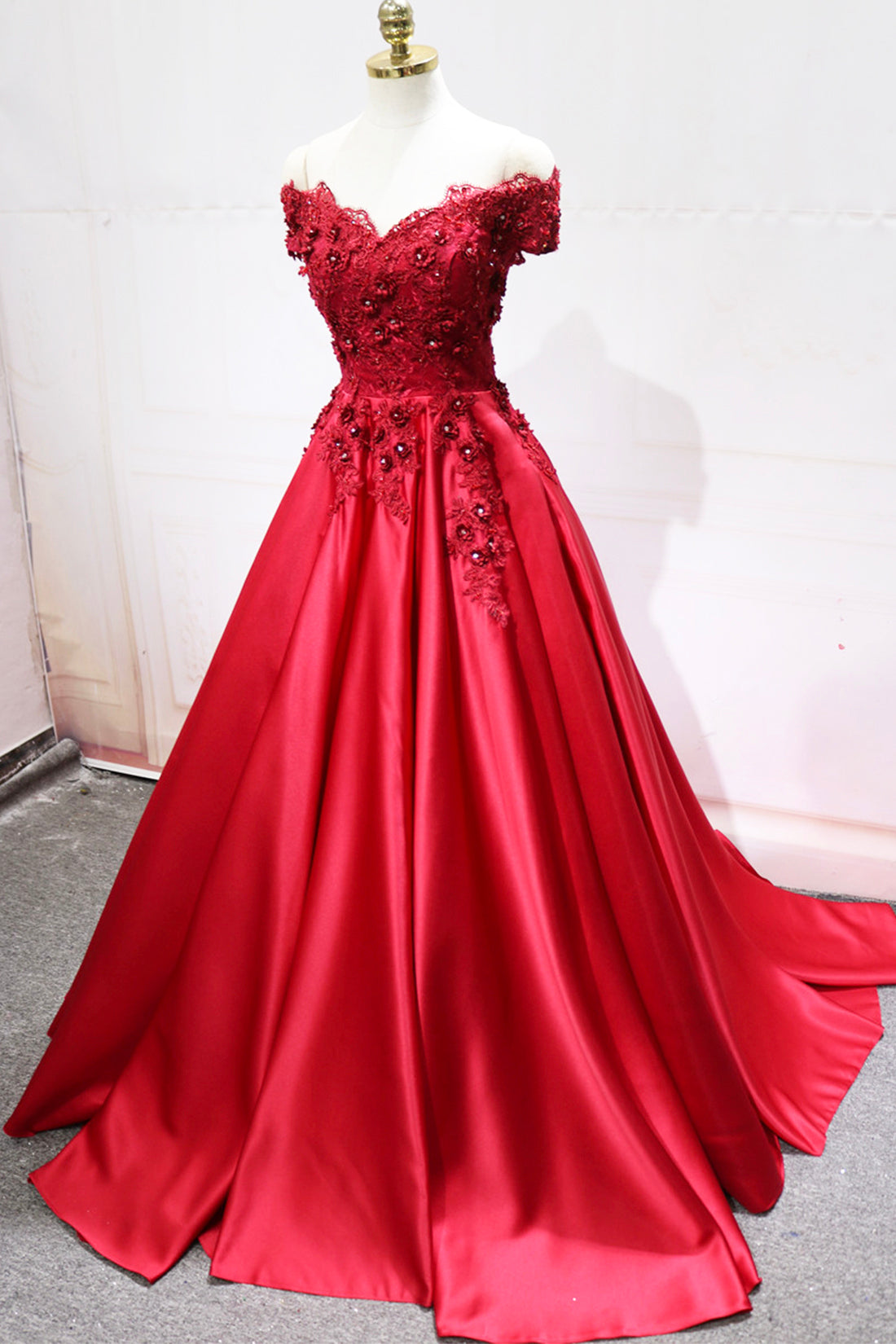 Red Satin Lace Long Prom Dress, Off Shoulder Evening Party Dress