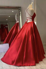 Red Satin Spaghetti Straps Long Prom Dress, Puffy Princess Formal Gown