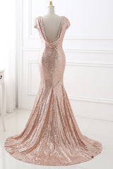 Rose Gold Sequins Long Bridesmaid Dress with Cowl Back