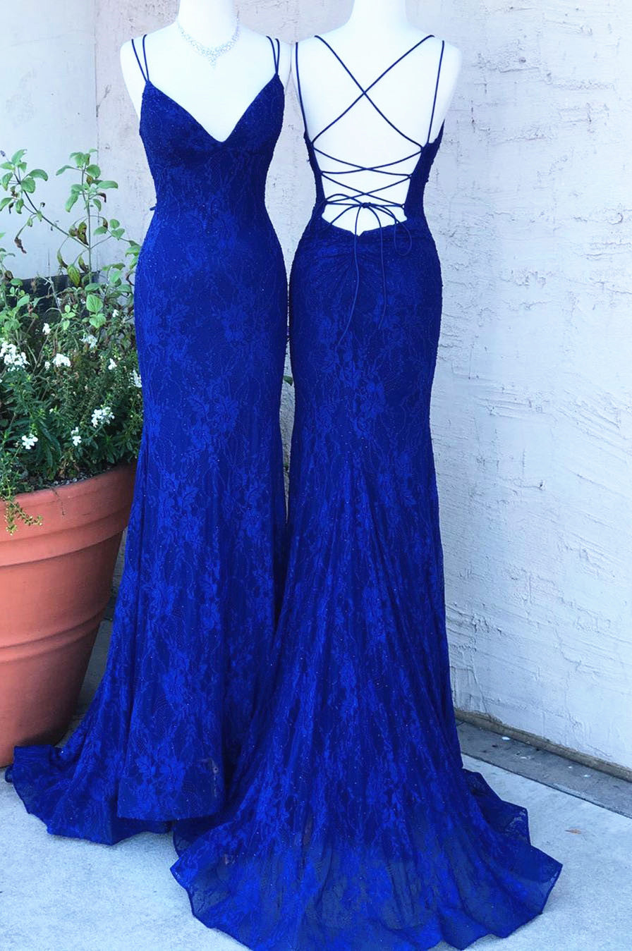 Royal Blue Lace Sheath Prom Dresses Long Open Back