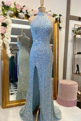 Royal Blue Sequin Halter Long Formal Dress with Slit Prom Dresses