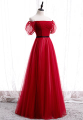 Red Tulle Long Prom Dresses, A-Line Off the Shoulder Evening Dresses