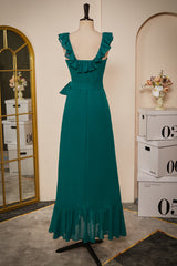 Ruffled Crew Neck Emerald Chiffon Midi Bridesmaid Dress